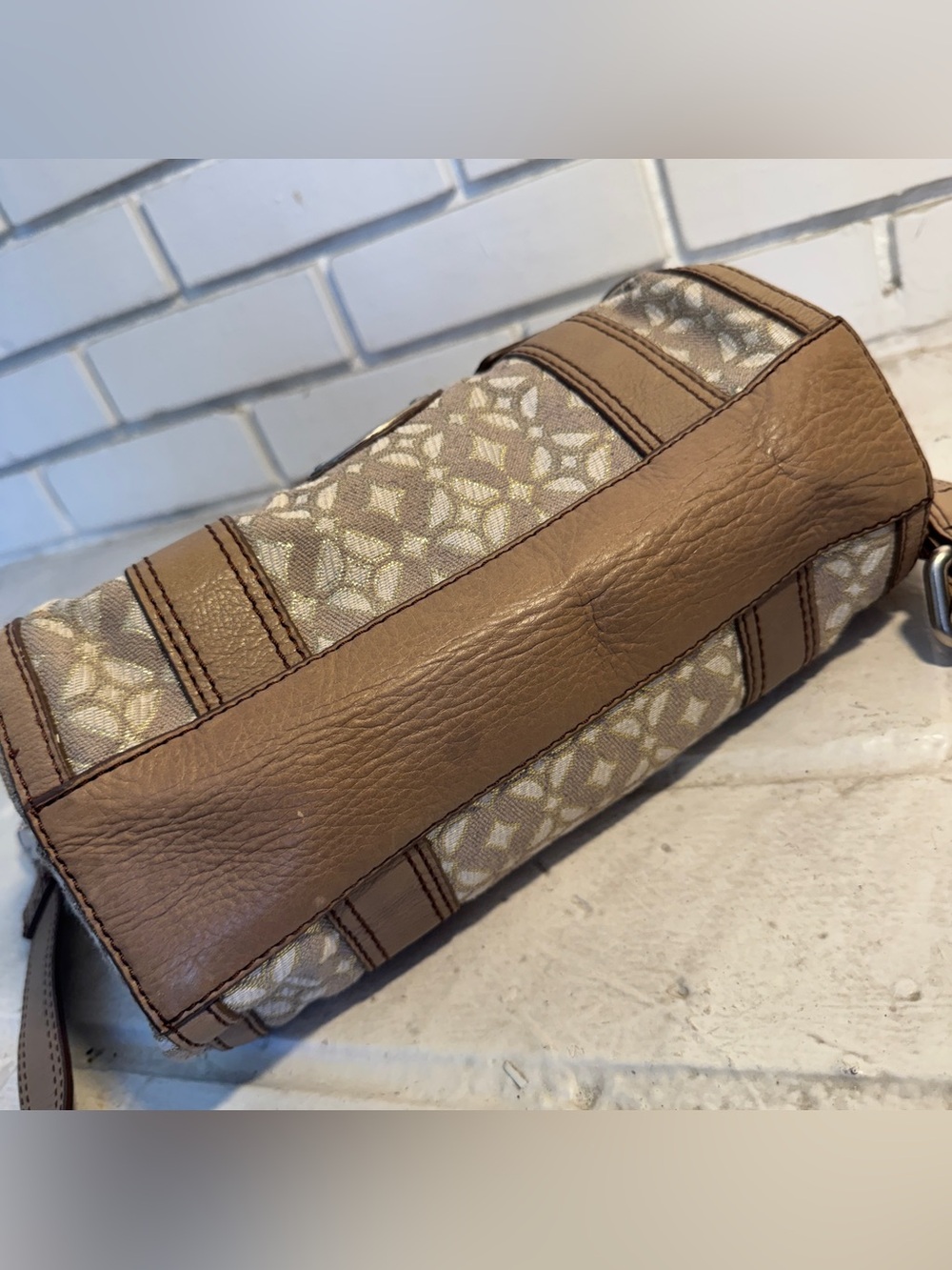 Fossil Vintage Jacquard Canvas Satchel Crossbody Bag w Leather Trim & Key Charm - Picture 6 of 14
